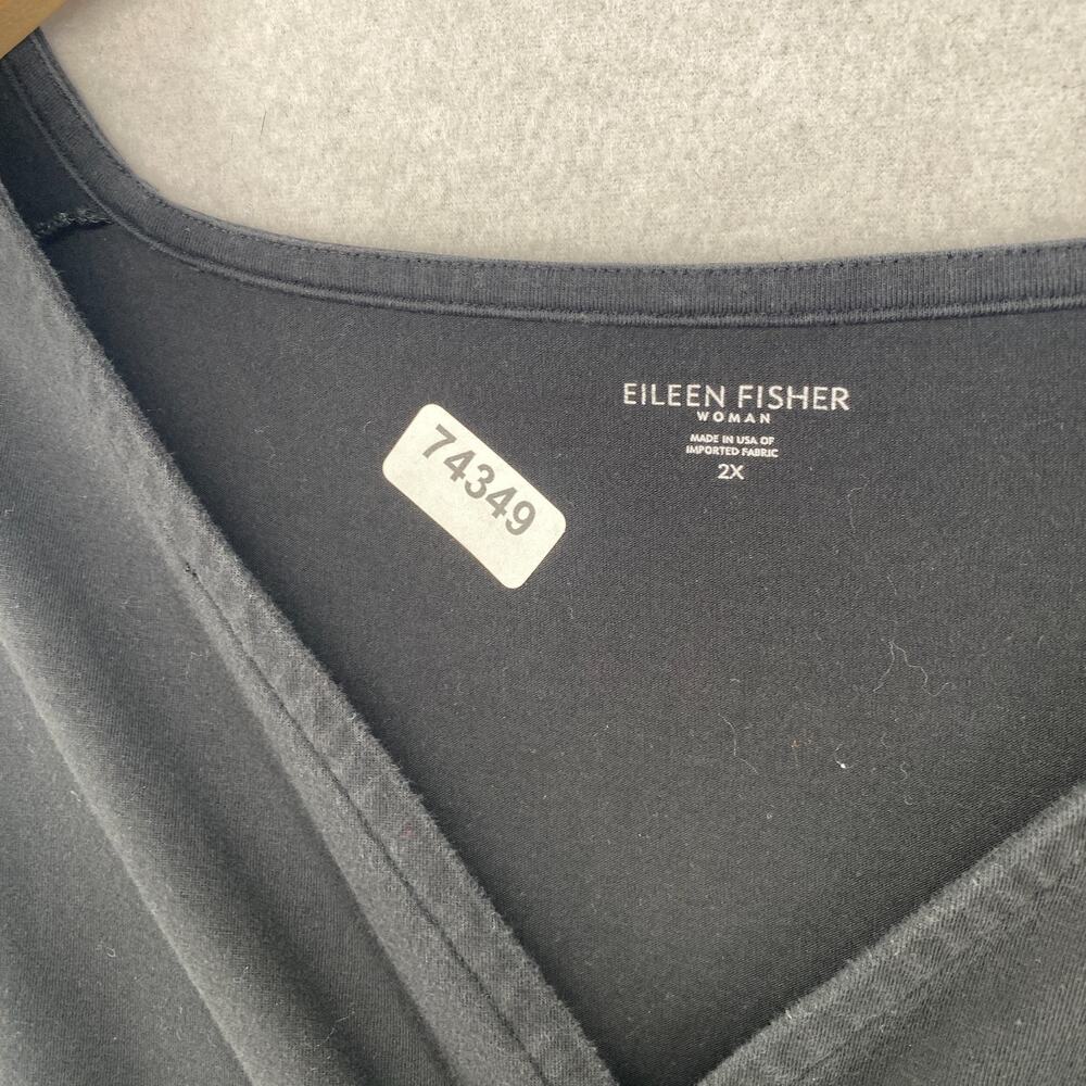 EILEEN FISHER Dress 2X Plus Stretch Organic Cotton Faux Wrap Midi Black USA - Picture 12 of 12